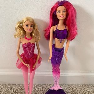 BARBIE PINK BALLERINA W/ TUTU & BARBIE PURPLE MERMAID DOLLS